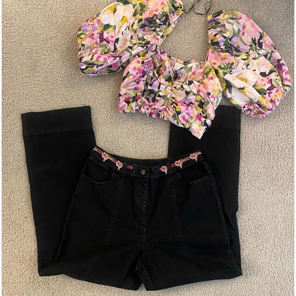 NWT Denim & Co. Black High-Rise Jeans w/ Elastic Back & Floral Ribbon - Large